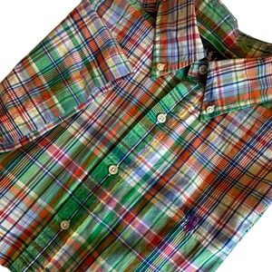 Ralph Lauren Shirt Men's Large Orange Green Plaid Short Sleeve Button Down Shirt